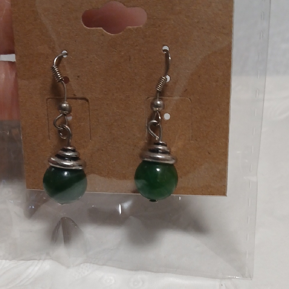 Green and Silver Dangle Earrings with Emerald Beads